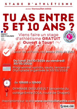 Stage GRATUIT ouvert à tous les enfants de 5 à 10 ans  licenciés ou non au club du 26/10/2026 au 30/10/2026